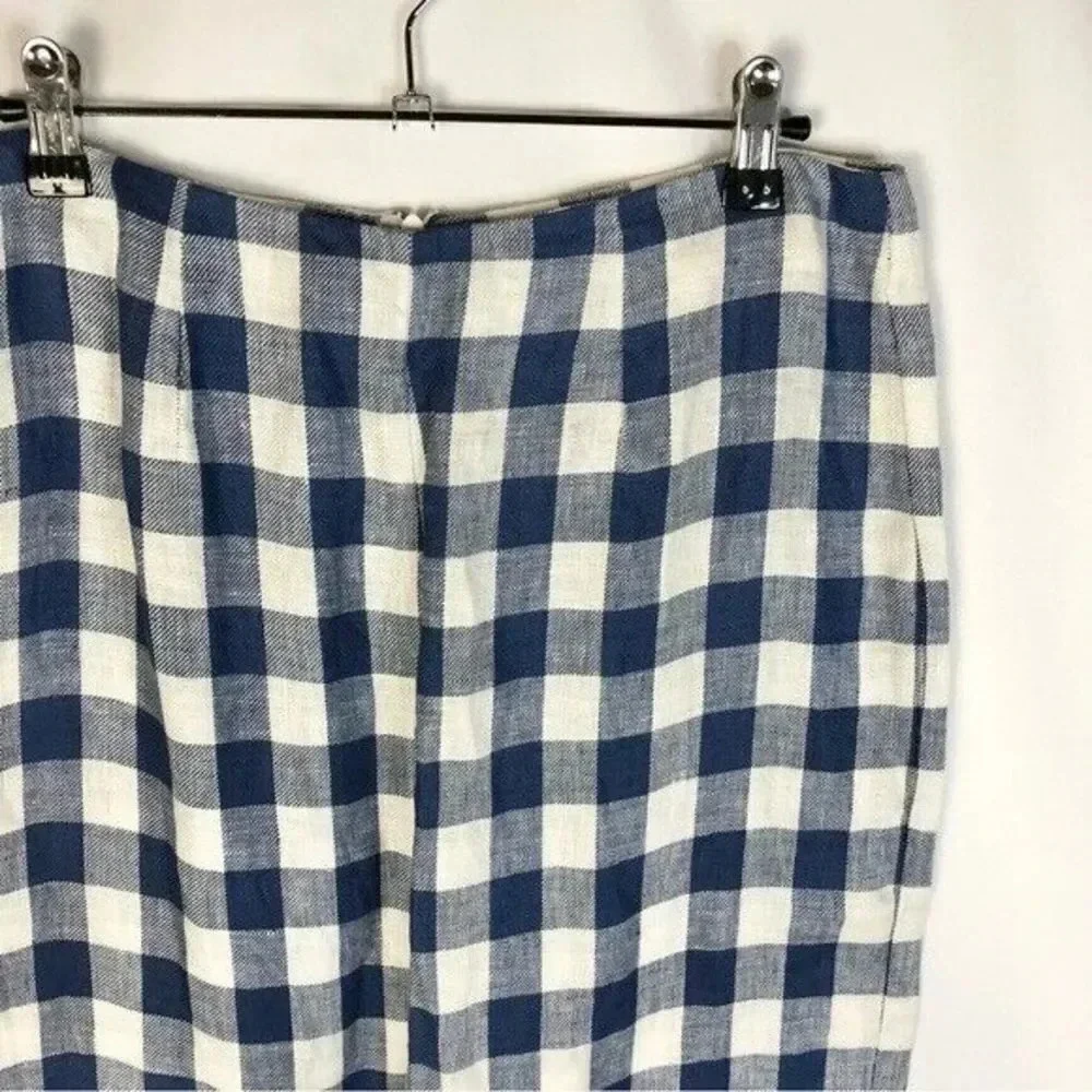 Reformation Blue & White Checkered Plaid Linen Wide Leg Pants 8